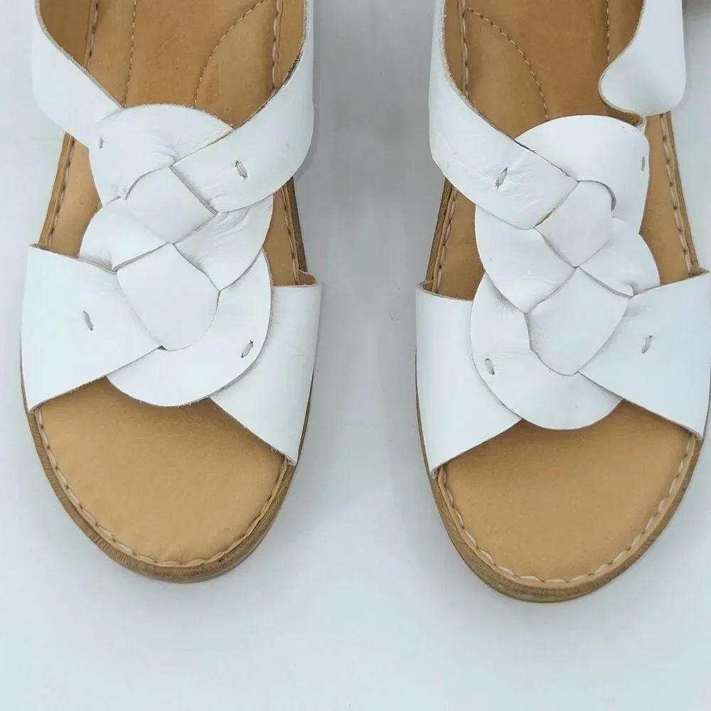 Born Nina Leather Wedge Sandals Womens Size 11 White Boho Neutral Summer Granny